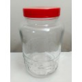 Large Red lidded INDONESIA GLASS BISCUIT CANDY APOTHECARY JAR.