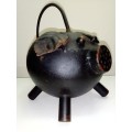 Vintage black steel Potbelly Pig watering can. Whimsical `Hold Your Bacon` Pig Iron watering Can.