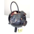 Vintage black steel Potbelly Pig watering can. Whimsical `Hold Your Bacon` Pig Iron watering Can.
