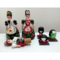 2 Hungarian Doll`s Trinket boxes plus 1 Bottle stopper. 3 Kokeshi Japanese clay Dolls.