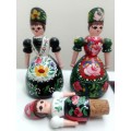 2 Hungarian Doll`s Trinket boxes plus 1 Bottle stopper. 3 Kokeshi Japanese clay Dolls.