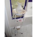 Ouma`s Washstand with heavy stoneware Jug bowl, Corelle Soap dish and a Novelty Adult measureing Jar