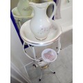 Ouma`s Washstand with heavy stoneware Jug bowl, Corelle Soap dish and a Novelty Adult measureing Jar