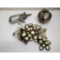 3 cast Pewter metal fruits, a bunch of Grapes stamped and a Pomegranate plus a Milie.
