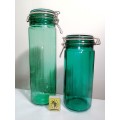 2 x very old Turquoise Green steel clasp seal preserve large Bottles.