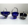 3 Cobalt Blue Glass Inners Trinket dish`s. 2 Celtic Plate with Solid and Swing Handles.