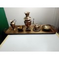 Ornamental Royle imperial style, a classic samovar set tooled in brass. Kettle, Bowl, Peacock Tray.