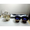 EPNS Silver Plated Pair of Salt Cellars with Cobalt Blue Glass Liner (c1910s). Bread Tray.2x Bonbon