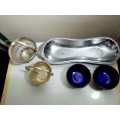 EPNS Silver Plated Pair of Salt Cellars with Cobalt Blue Glass Liner (c1910s). Bread Tray.2x Bonbon