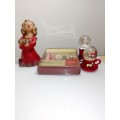 A 1966 GOEBEL W. GERMANY ANGEL pottery CANDLE HOLDER. Xmas butter Knives boxed.2 x Snow Globes.