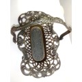 A Vintage Bronze trinket dish with handle + fretwork and filigree stamped made in `Italy`.
