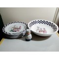 A vintage Trisa Stoneware Fat Chef bowl plus 5 matching large dinner plate`s plus a Chef timer.