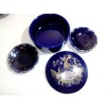 Cobalt blue porcelain, 4 x Sencha Cups, Trinket Box & bowl, 2 Lindner Kueps Bavaria Germany Saucers.