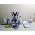 Vintage Delft style porcelain items, Pig Elweco Salts, Bells, Portugal Vase, Drip Tray, Trinket Box.