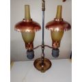1900`s. 47cm tall table lamp.Solid brass and porcelain base,unusual frosted mantels, copper shades.