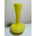 A Large Empoli Glass Hand Blowen with Handle stamped made in ITALY Yellow Vase 31.5cm long vase.
