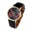 GOLD PLATED, BLACK LEATHER WATCH WITH PINK FLOWERS