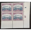 1947 Union of South Africa plate block of 4 x 2d with extra cloud variety.