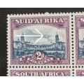 1947 Union of South Africa plate block of 4 x 2d with extra cloud variety.