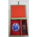 Chinese/Oriental Hand Carved Soap Stone Stamp/Seal In Original Silk Box - Box Size: 12cm/11cm/4cm