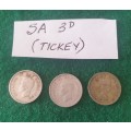 3 x Old South African tickeys (threepences)
