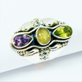 Natural Amethyst, Ethiopian Opal, and Peridot Sterling Silver Ring - Size R