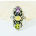 Natural Amethyst, Ethiopian Opal, and Peridot Sterling Silver Ring - Size R