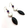 Gorgeous Amethyst, White Onyx, and Black Onyx Drop/Hook Earrings  17.7 gr