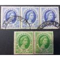 Rhodesia and Nyasaland 1954 Queen Elizabeth II 1d & 2d pair and triple used