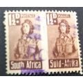 Union of SA  1942 War Effort 1/2d pair fiscally used