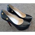 Ladies girls female black high heel shoes red soles gold press stud designer Christian Louboutin