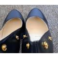 Ladies girls female black high heel shoes red soles gold press stud designer Christian Louboutin