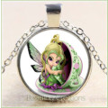 NECKLACE WITH CHAIN - CABOCHON - TEACUP FAIRY - TIBETAN SILVER - GLASS - PENDANT