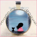 NECKLACE WITH CHAIN - CABOCHON - GIRL SITTING WITH CAT - TIBETAN SILVER - GLASS - PENDANT