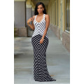 LOVELY WHITE AND BLACK STRIPES FORMAL COCKTAIL PARTY EVENING MAXI DRESS
