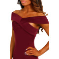 SEXY WINE OFF SHOULDER SLIM FIT FORMAL COCKTAIL PARTY EVENING WEAR MIDI DRESS - S/M/L