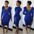 Blue Sheath Ruffle Office Midi Formal Dresses