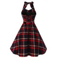 Vintage Sweetheart Neckline Halter Backless Red Plaid Knee-Length Cocktail Party Swing Dresses