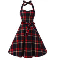 Vintage Sweetheart Neckline Halter Backless Red Plaid Knee-Length Cocktail Party Swing Dresses
