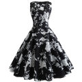 Vintage High Waist Sleeveless Black Floral Print Belted Cocktail Party Swing Dress