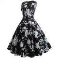 Vintage High Waist Sleeveless Black Floral Print Belted Cocktail Party Swing Dress