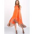 Orange Contrast Color Block Loose Chiffon Midi Dress - Xlarge