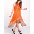 Orange Contrast Color Block Loose Chiffon Midi Dress - Xlarge