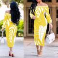 Off Shoulder Palm Leaf Print Bodycon Dress In Yellow - 2XLarge