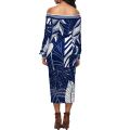 Off Shoulder Palm Leaf Print Bodycon Dress In Blue - Medium