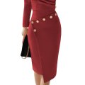 Asymmetric Button Detail Burgundy Formal Midi Office Dress - S