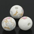 Beads, Glass Beads, Pink And Light Blue Floral Round Ceramic Glass Beads, 12mm (Loose)