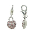 Charms, Bracelet Charms, Silver Plated Pink Rhinestone Heart Clip On Dangle Charms, 28mm (Loose)
