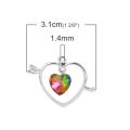 Pendants, Silver Open Heart With AB Rainbow Faceted Heart Drop Pendants, 31mm (Loose)