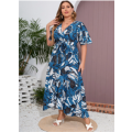 Plus All-over Print Surplice Front Belted Dress